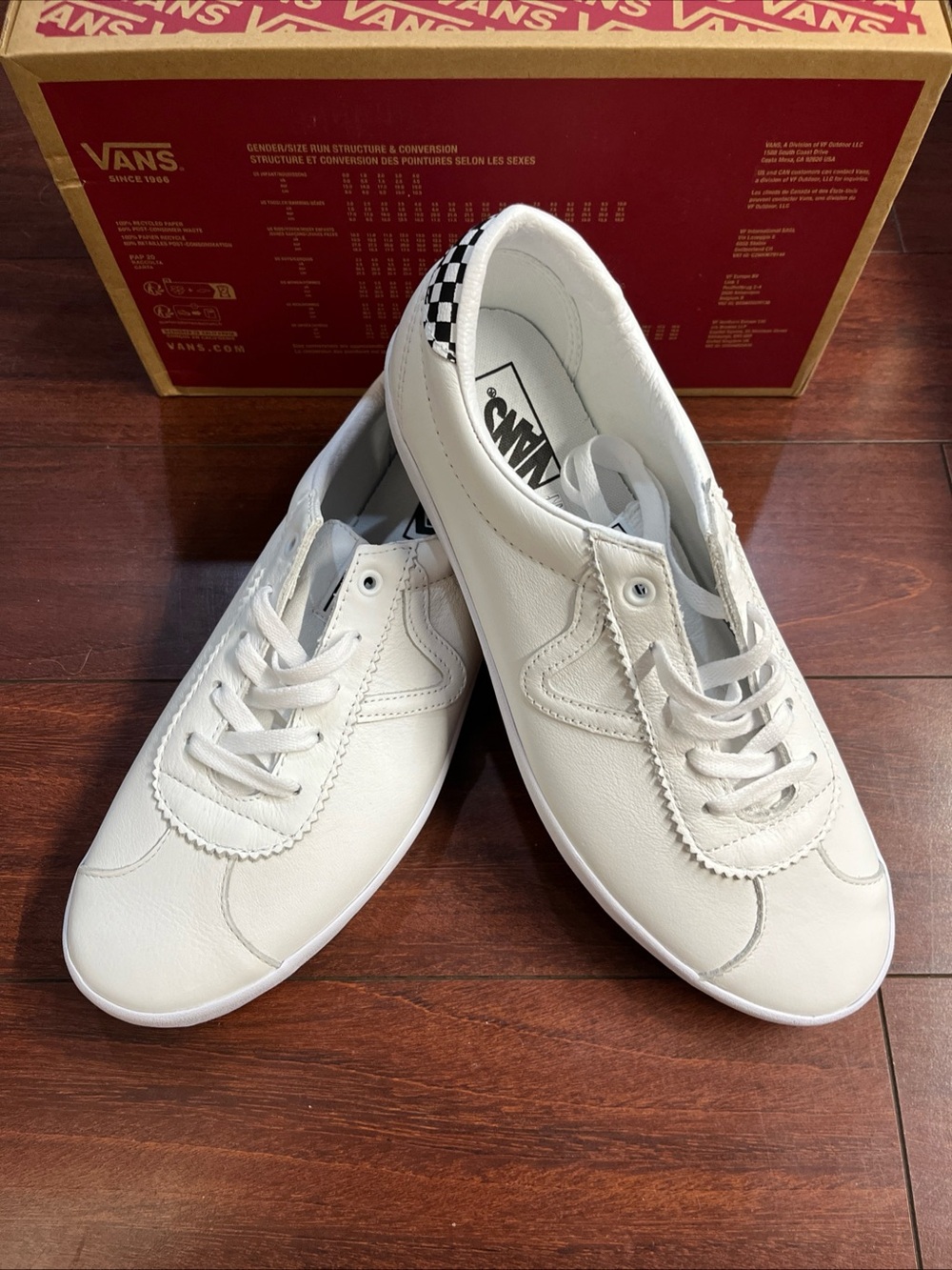 Mens 12 Vans Sport Low Top Triple White Checkerboard Skate Shoe Leather HALF BOX